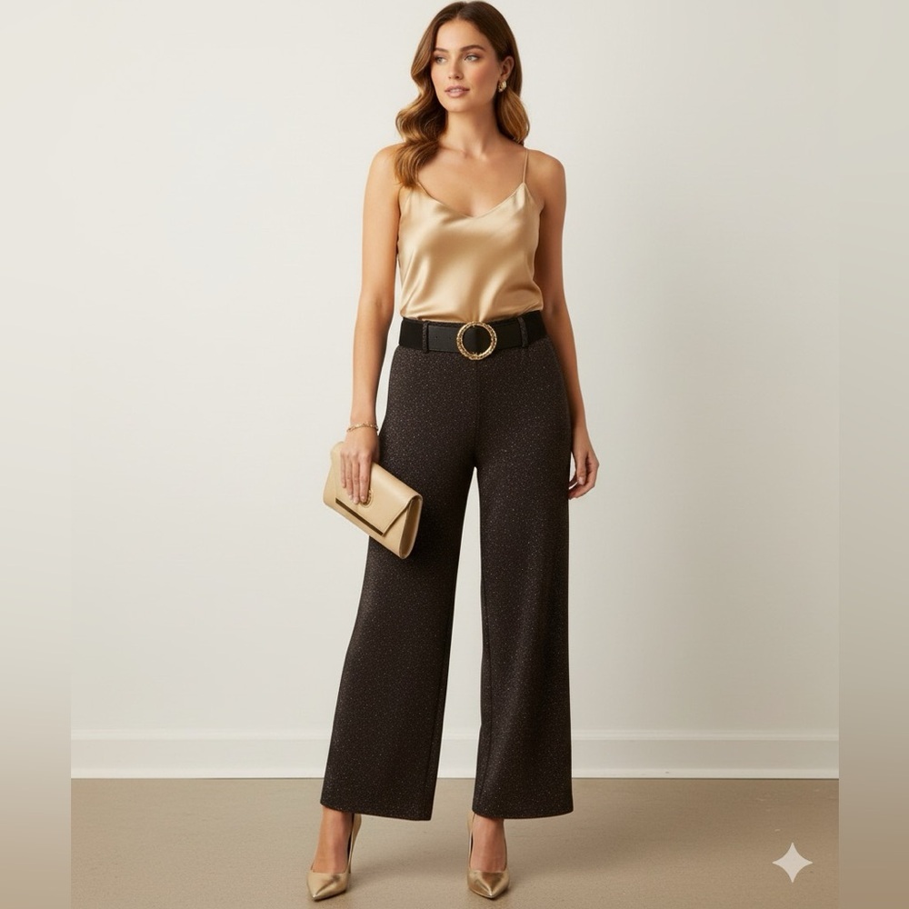 ✨‎ NWT ATTYRE New York Riley Pant – Wide Leg Black Gold Sparkle – Size 6 ✨